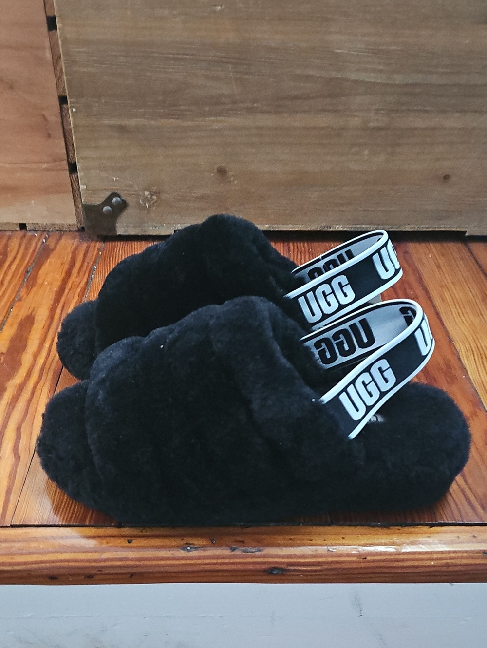 UGG Black Fluff Yeah Slide Sandals with Logo Strap